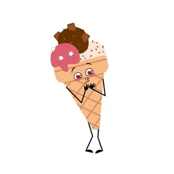 Cute ice cream character falls in love with eyes hearts Stock Illustration