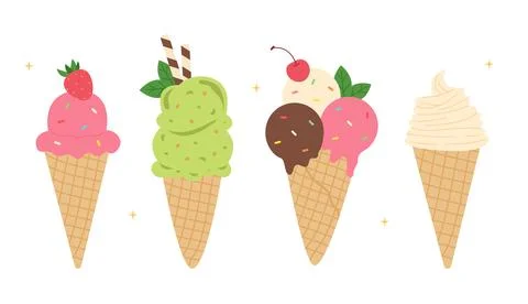 Cute ice cream cones set with different flavors like chocolate, strawberry Stock Illustration