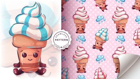Cute ice cream - seamless pattern Stock Illustration