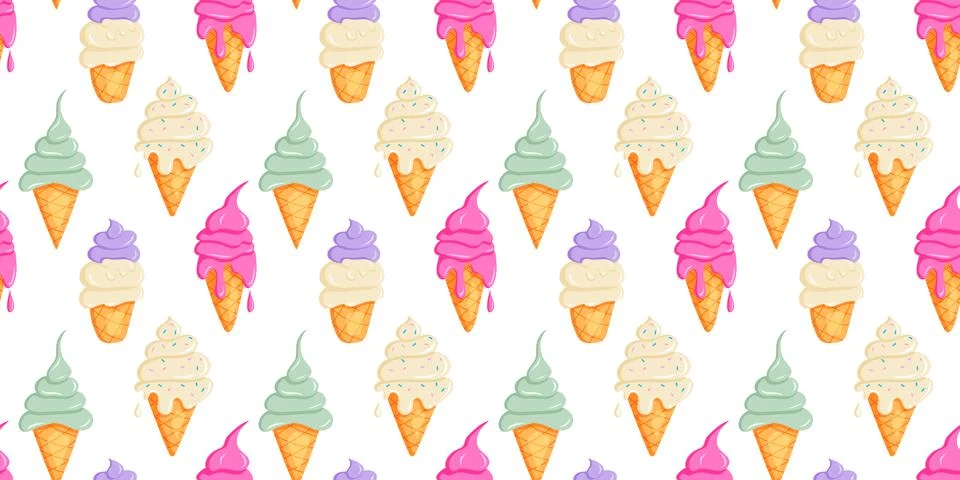 Cute ice cream seamless pattern with white outline Stock Illustration