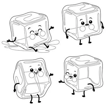 Cute ice cube characters. Vector black and white coloring page. Stock Illustration