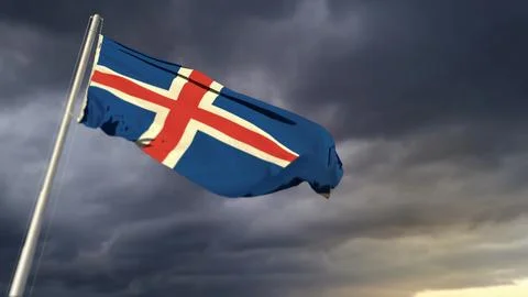 Cute Iceland flag on massive dark clouds background - abstract 3D rendering Stock Illustration