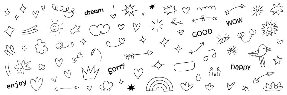 Cute icon elements include a heart, star and line arrow. Stock Illustration