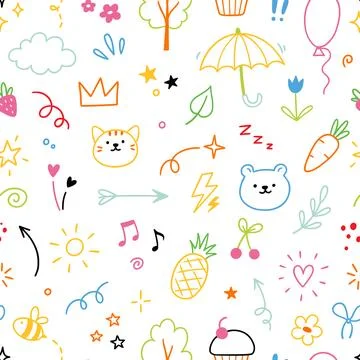 Cute icon kid pattern. Seamless vector pattern with happy baby animals face and Stock Illustration