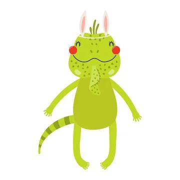Cute iguana with Easter bunny ears character illustration Stock Illustration