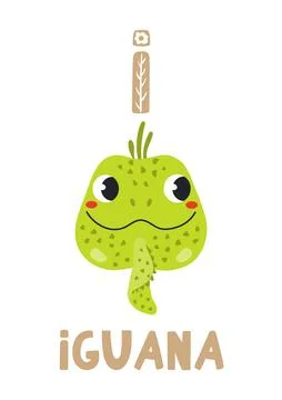 Cute iguana lizard face, letter I, text, illustration isolated Stock Illustration