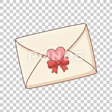 Cute illustrated envelope with heart and ribbon isolated on transparent. PSD Template