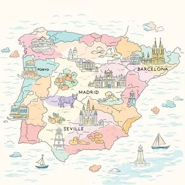Cute Illustrated Map of Spain with Famous Landmarks, Cities and Cultural Icon Stock Illustration