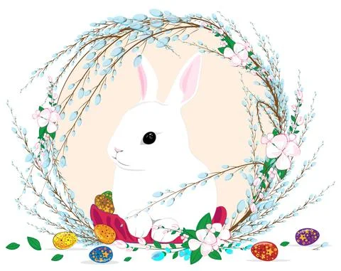 Cute illustration of Easter Bunny in the branches of flowering willow and app Stock Illustration