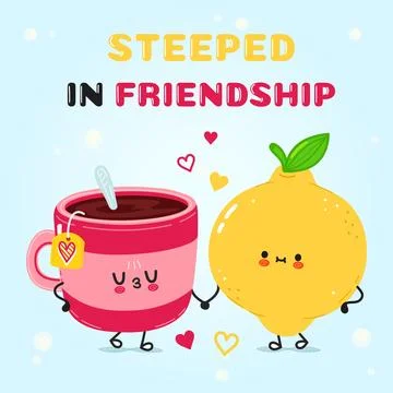 A cute illustration featuring a tea cup and a lemon holding hands, celebratin Stock Illustration