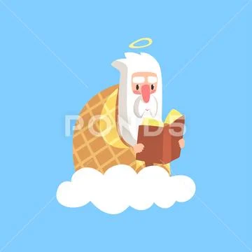 Cute illustration of god character wrapped in plaid reading book. Christian Stock Illustration