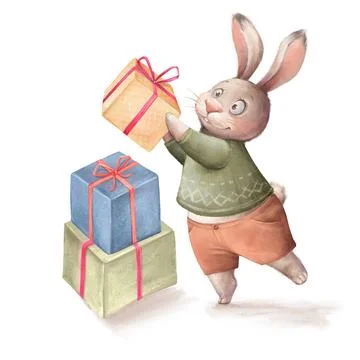 Cute illustration. Hare with gift boxes. Preparing for the holiday. Cute i... Stock Photos