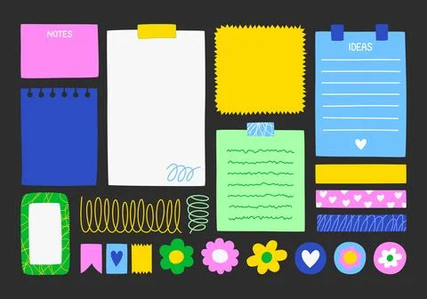 Cute illustration of set of notes, stickers, paper forms with space for text. Stock Illustration