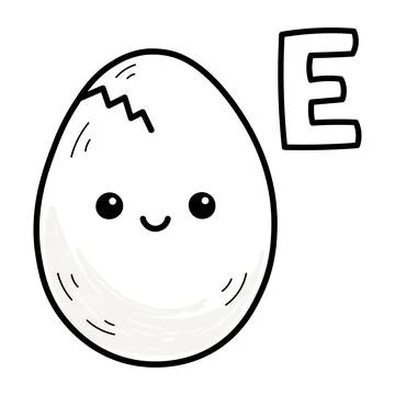 Cute illustration of a smiling cracked egg character next to the letter E for Stock Illustration