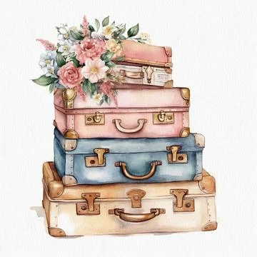 Cute illustration of stack of retro suitcases with flowers Stock Illustration