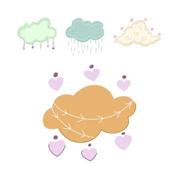 Cute illustration of whimsical sky clouds with rain and hearts Stock Illustration