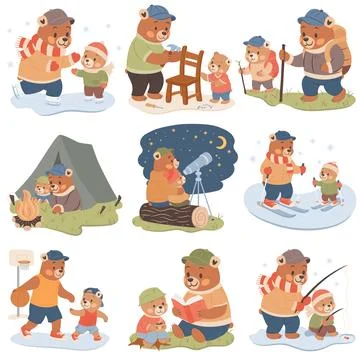 Cute illustrations set for Fathers Day Holiday. Father and son spending tim.. Stock Illustration