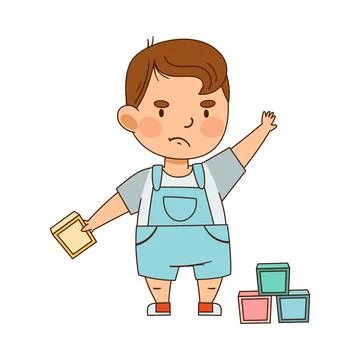 Cute Infant Boy with Grumpy Face Expression Throwing Toy Blocks Vector Stock Illustration