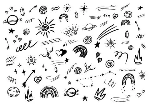 Cute ink pen line elements. Doodle heart, arrow, star, rainbows, crown. Stock Illustration