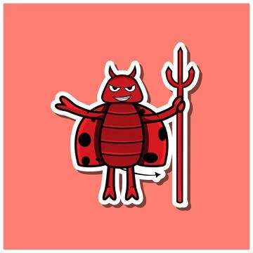 Cute Insect Sticker With Devil Bettle Cartoon. Pink Background. Stock Illustration