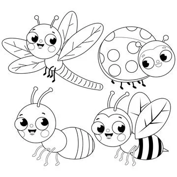 Cute insects collection. Vector black and white coloring page Stock Illustration