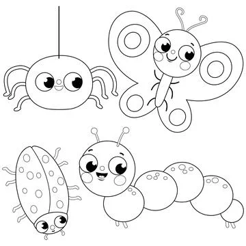Cute insects collection. Vector black and white coloring page Stock Illustration