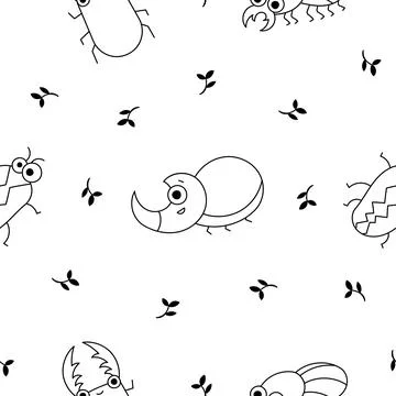 Cute insects. Seamless pattern. Coloring Page. Stock Illustration