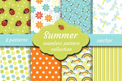 Cute insects seamless pattern set. Spring collection of ladybug and abstract Stock Illustration