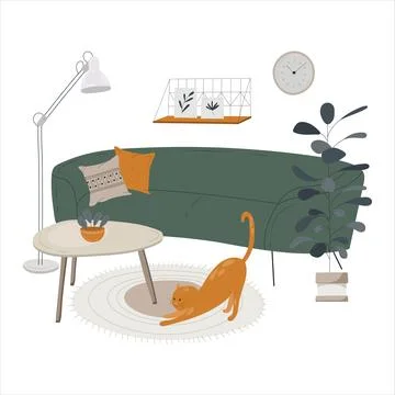 Cute interior with green sofa and houseplant and cat. Stock Illustration