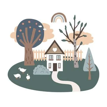 Cute isolated landscape with a house, trees, geese, and rainbow. Nursery Stock Illustration