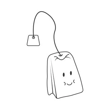 Cute isolated vector line illustration of smiling tea bag character 스톡 일러스트