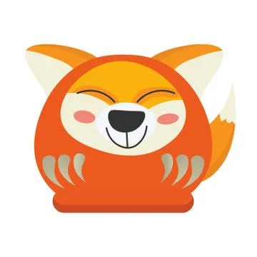 Cute Japanese Daruma Doll with kami Inari or Kitsune face and fox tail. Stock Illustration