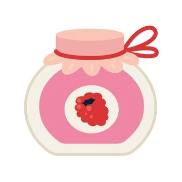 Cute jar of pink raspberry jam with label and decorative ribbon. Home cooki.. Stock Illustration