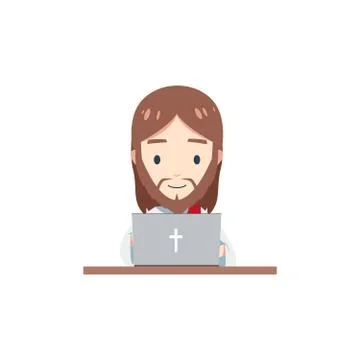 Cute Jesus is using a computer. Isolated Vector Illustration Stock Illustration