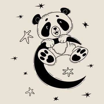 Cute joyful panda on moon. Vector illustration. Character - Cute animal. Linear  Stock Illustration