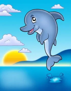 Cute jumping dolphin with sunset Stock Illustration