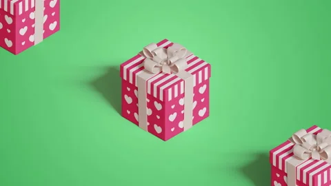 Cute jumping present boxes, paper bows dynamic animation. Bright pink Stockbeeldmateriaal 168939840