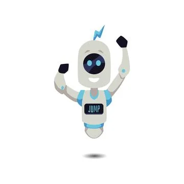 Cute jumping robot mascot, flat cartoon vector illustration isolated on white. Stock Illustration