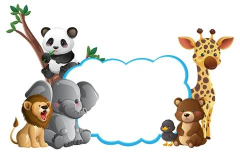Cute Jungle Animals with Blank Cloud Frame Illustration Stock Illustration