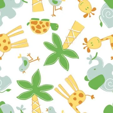 Cute jungle animals in a seamless pattern Stock Illustration