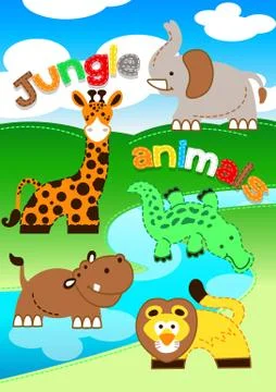 Cute jungle animals standing along a river Stock Illustration