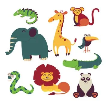 Cute jungle animals vector set isolated on white Stock Illustration