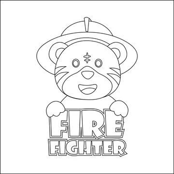 Cute junior fire fighter. Cartoon hand drawn vector illustration. Stock Illustration