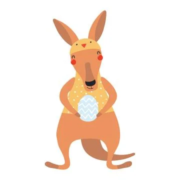 Cute kangaroo in chick hat, holding Easter egg character illustration Stock Illustration