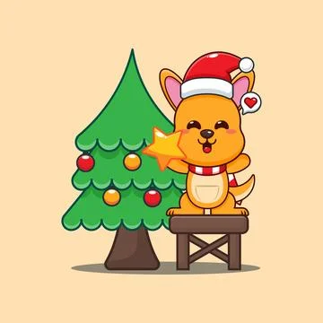 Cute kangaroo decorating the Christmas tree on Christmas day. Stock Illustration