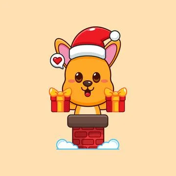 Cute kangaroo with santa hat holding Christmas gift box in the chimney. Stock Illustration