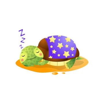 Cute kawai turtle sleeping under blanket isolated on white background Stock Illustration