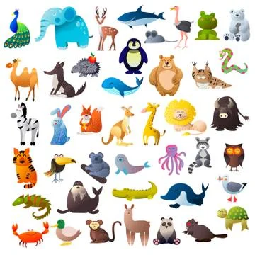 Cute kawaii animals vector set. Big collection of jungle, forest, marine Stock Illustration