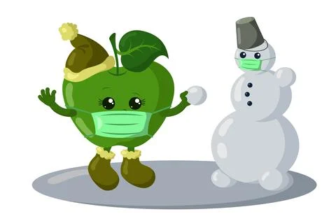 Cute kawaii apple with medical protective face mask making snowman Stock Illustration