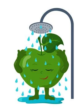 Cute kawaii apple washes in the shower with closed eyes. Stock Illustration